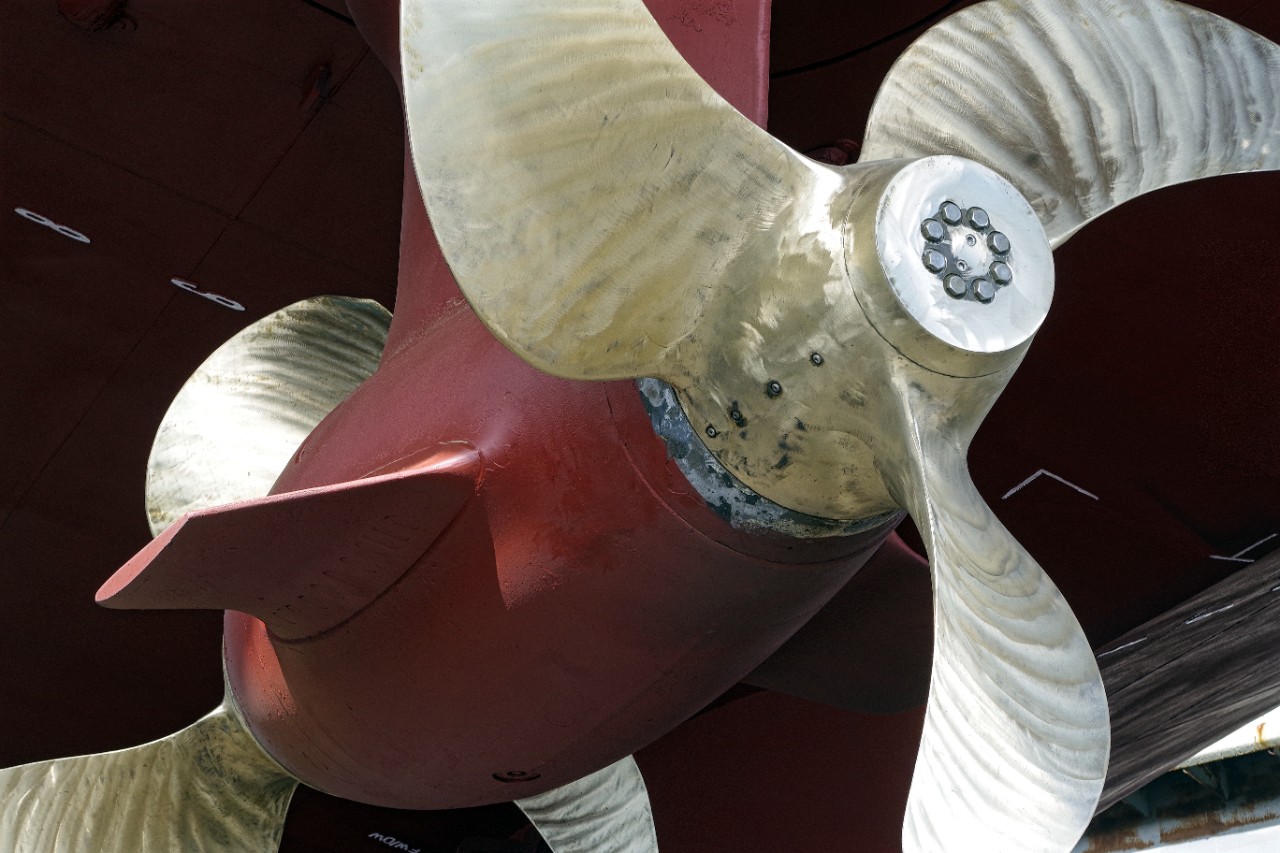 Double propeller on a supply vessel under repairs. Shipyard industry, repairs, refurbishments.